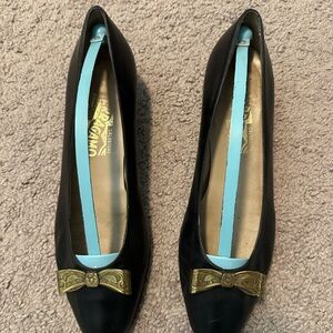 Salvatore Ferragamo Black Flats with Gold Bow